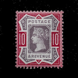 1887年、ヴィクトリア女王即位記念10ペンス切手。鈍い紫とカーマイン色の台紙が入った英国製。英国切手コレクションにぜひお役立てください。