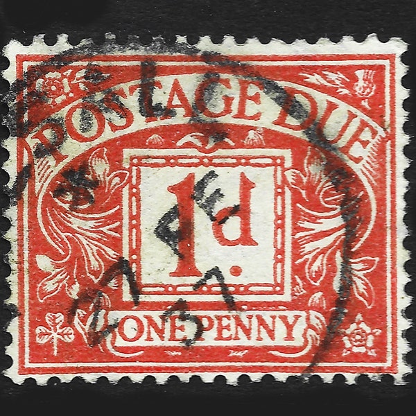 Great Britain 1924 Postage Due 1d carmine, block cypher watermark, used stamp. King George V issue.