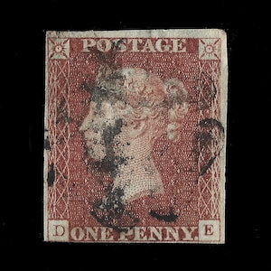 Great Britain 1841 Penny red-brown stamp, DE, used maltese cross cancel, three full margins.  Collect British victorian stamps.