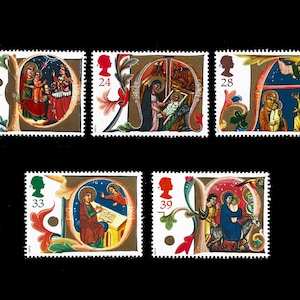 Grã-Bretanha, Natal de 1991, cartas iluminadas de um manuscrito, conjunto de cinco selos novos para colecionar ou criar.