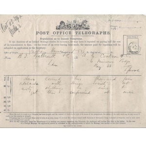 Auténtico formulario telegráfico de la oficina de correos de 1874. Dos formularios, uno victoriano y otro eduardiano, con diversos mensajes.