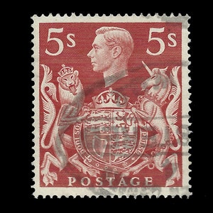 King George VI 1939 Arms 5/- red fine used high value Great Britain stamp.  Ideal for collector of British stamps. Stamp collecting.