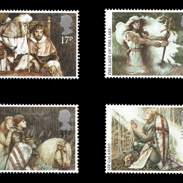 Great Britain 1985 Arthurian Legends set of four mint stamps showing King Arthur and Merlin, the Lady of the Lake and Sir Galahad.