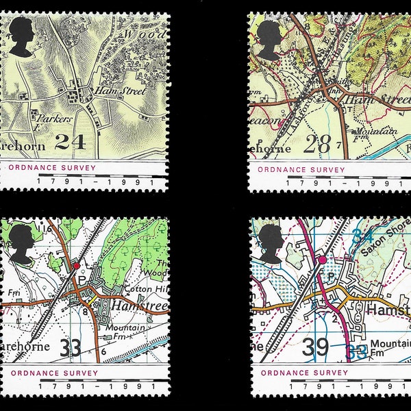 Great Britain 1991 Maps, bicentenary of Ordnance Survey maps set of four mint stamps for collectors or crafting.
