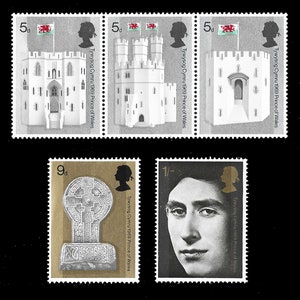 Gran Bretaña, 1969, Investidura del Príncipe de Gales, serie de 5 sellos postales nuevos. Rey Carlos III. Para coleccionistas de sellos de la realeza británica.