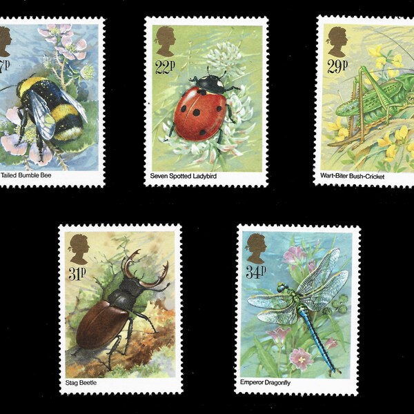 Great Britain 1985 Insects set of five mint stamps.  Ideal for collector of British stamps or for craft work.