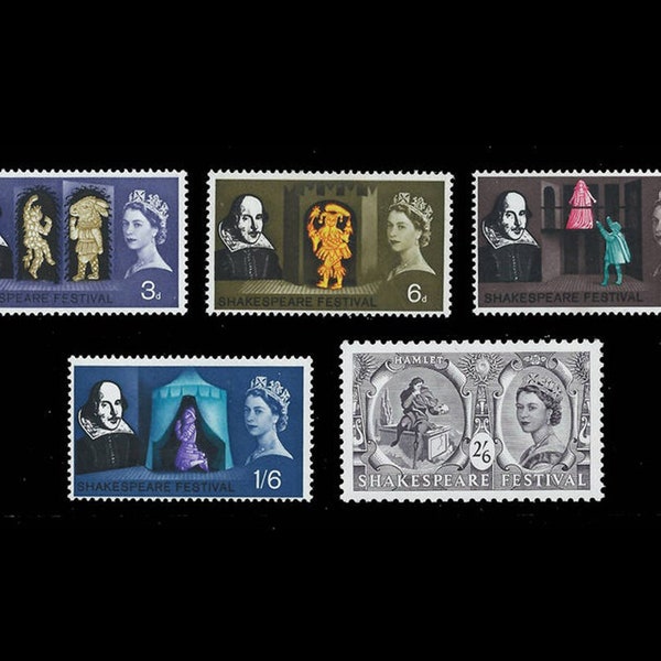 Great Britain 1964 William Shakespeare set of 5 mint stamps. Queen Elizabeth II commemorative issue. Ideal for collector or for craft work.