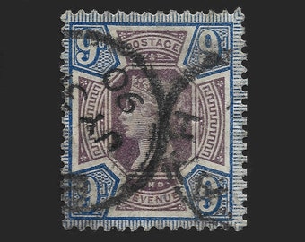 1887 Queen Victoria jubilee nine pence fine used stamp from Great Britain.  Ideal for collector of British stamps or for craft work.