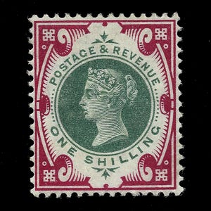 Sello postal de Gran Bretaña de 1900, conmemorativo del Jubileo de la Reina Victoria, de un chelín, montado en rojo y verde, en perfecto estado. Colecciona sellos británicos.