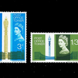 Great Britain 1965 Post Office Tower, London, mint set of 2 values.  Ideal for collector of British stamps or craft work.