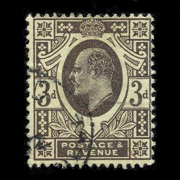 Grande-Bretagne 1911, roi Édouard VII, violet et citron 3D, perforation 15 x 14, impression Harrison, timbre oblitéré fin. Timbre-poste britannique.