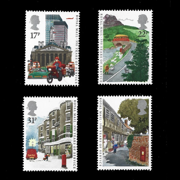 Great Britain 1985 Royal Mail Postal Service 350 years, set of 4 mint commemorative stamps. British stamp collectors.