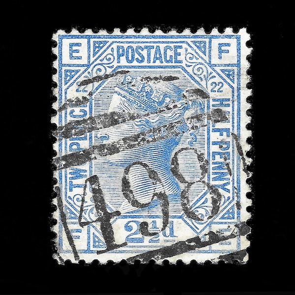 Great Britain 1881 twopence halfpenny blue, plate 22, with imperial crown watermark, used Victorian postage stamp.