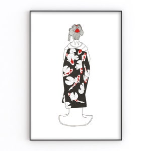 Japanese Illustration of Japanese Geisha Kimono art print with koi fish pattern