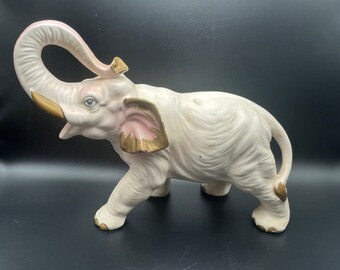 Vintage Hand Painted White Elephant Ceramic Figurine.