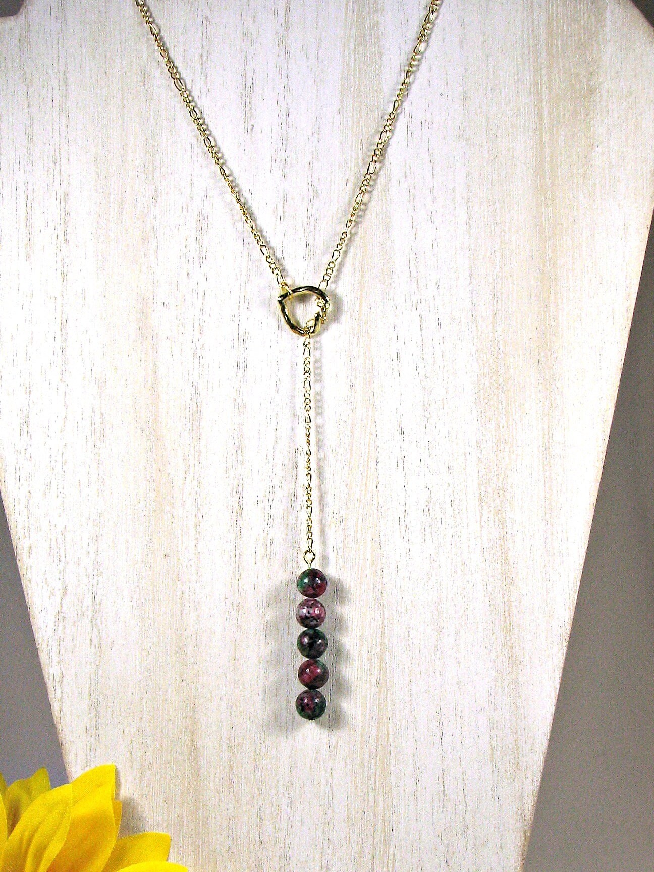 Double Strand Lariat Picture Jasper Necklace w/ Copper Feather 250u