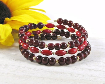 Red bead bracelet; red and gold bead bracelet; beaded memory wire bracelet