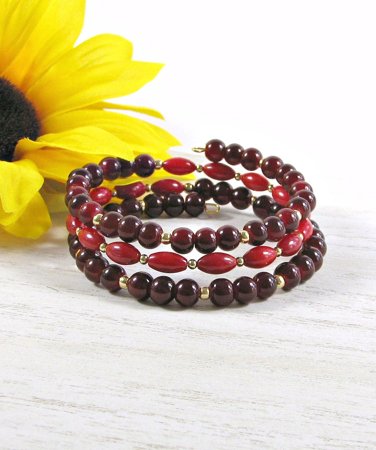 Red Bead Bracelet Red and Gold Bead Bracelet Beaded Memory Etsy