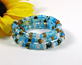 Seaside 3 wrap bracelet; blue and brown bead bracelet; beaded memory wire bracelet