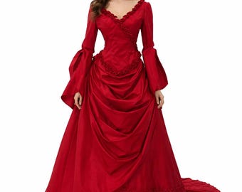 May include: A long, red vintage-style dress with a V-neckline and long, flared sleeves. The dress features intricate ruffled detailing around the neckline and waist, and a flowing skirt with a slight train. The dress is made of a shiny fabric.