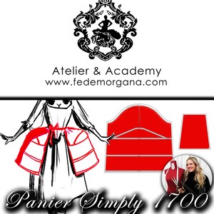 May include: A red and white illustration of a panier, a type of undergarment worn by women in the 1700s. The illustration includes a pattern for the panier, a woman wearing a panier, and the text 'Panier Simply 1700 Cartam modello'.