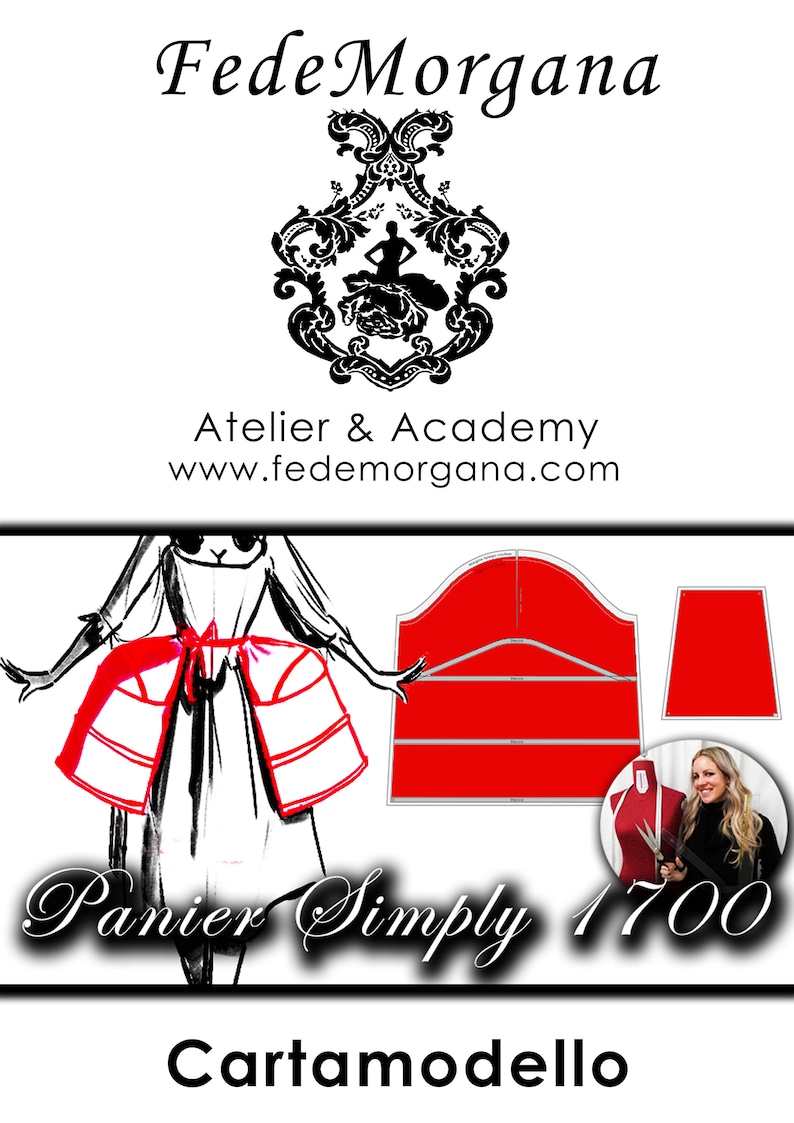 May include: A red and white illustration of a panier, a type of undergarment worn by women in the 1700s. The illustration includes a pattern for the panier, a woman wearing a panier, and the text 'Panier Simply 1700 Cartam modello'.