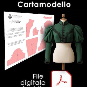 May include: A green Spencer jacket with black trim and puff sleeves is displayed on a mannequin. A pattern sheet is visible, along with the text "Giacchino Spencer 1800 Cartamodello" and a PDF icon.