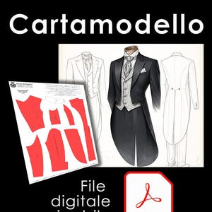 May include: A digital PDF pattern for a men's tailcoat, with illustrations of the finished garment and pattern pieces. The image features the text "Frac da Uomo Cartamodello" and "File digitale scaricabile" with a PDF icon.