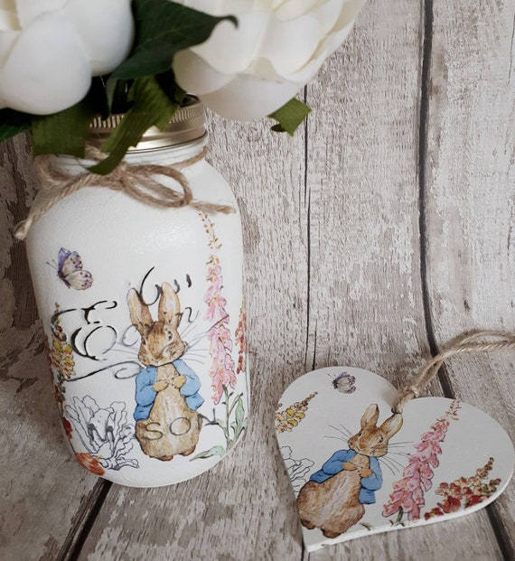 Peter Rabbit Gift Set, Mason Jar and Hanging Heart, Pretty Painted Jar, Wooden Hanging Heart , Decoupage