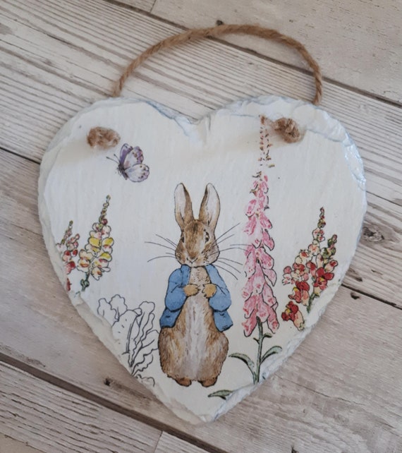 Peter Rabbit, Painted Slate Hanging Heart, Plaque, Large, Decoration, Gift, Handmade, Decoupage