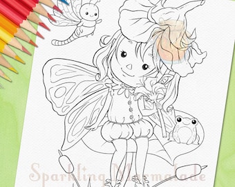 Flower Fairy and Frog Digital Stamp, Plant Pixie Line Art, Forest Sprite Fantasy Coloring Page (Digital Download)