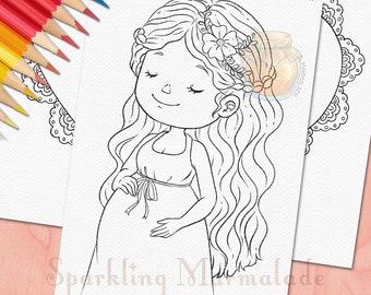 Digital Stamp, Pregnant Woman, Mother DigiStamp, Coloring Page, Lineart Drawing, Pregnancy, Mom, Heart Lace, Baby Shower, Flower, Girl, Digi