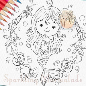 Digital Stamp, Cute Little Mermaid, Digi Stamp, DigiStamp, Coloring Page, Lineart Drawing, Siren, Fantasy, Sea, Ocean, Girl, Fairy Tale