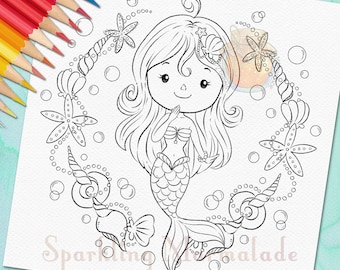 Digitale stempel zeemeermin, sprookjeskleurplaat, schattige sirene Ocean Line Art (digitale download)