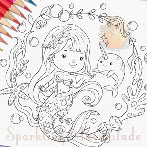 Digitalstempel, Meerjungfrau & Baby Narwal, DigiStamp, Malvorlage, Lineart Zeichnung, süße Sirene, Fantasy, Meer, Ozean, Mädchen, Märchen