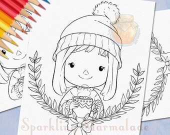 Mädchen mit heißem Kakao Digital Stempel, Weihnachtslinie Kunst, Winter Malseite (digitaler Download)