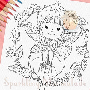 Digital Stamp, Strawberry Sprite, Digi Stamp, DigiStamp, Coloring Page, Lineart Drawing, Pixie, Fantasy, Garden, Fruit, Girl, Fairy Tale