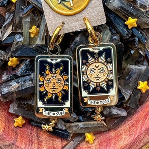 TAROT CARDS EARRINGS. enamel pin. Gold finish, hard enamel. Green witch pin. glitter. spooky vibes pins. witchy accessories. Dark Academia. image 4