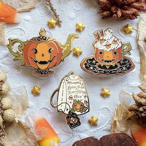 SPOOKY TEA SET mini enamel pins. Hard enamel pin. witchy pin. Teapot, teacup, tea filter enamel pins. Glitter. Brooch. Pumpkin spiced latte.