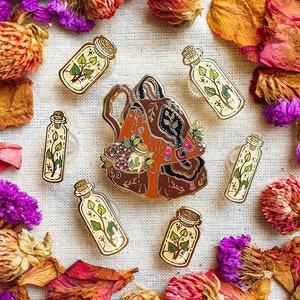 GREEN WITCH BACKPACK. Hard enamel pin. Witchy pin. Autumn enamel pin. Pin set. statement accessories. Brooch. Mini pins. glass vials. leaf.