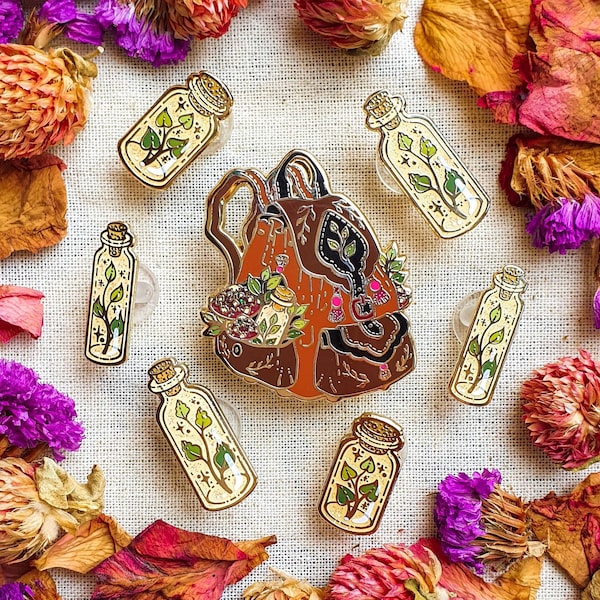 GREEN WITCH BACKPACK. Hard enamel pin. Witchy pin. Autumn enamel pin. Pin set. statement accessories. Brooch. Mini pins. glass vials. leaf.