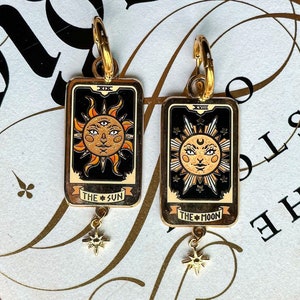 TAROT CARDS EARRINGS. enamel pin. Gold finish, hard enamel. Green witch pin. glitter. spooky vibes pins. witchy accessories. Dark Academia. image 2