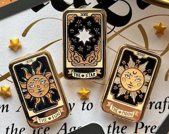 CELESTIAL TAROT CARDS. enamel pin.  hard enamel pin. witchy pin. All seeing eye enamel pin. Glitter. The sun. The moon. The star. Brooch.