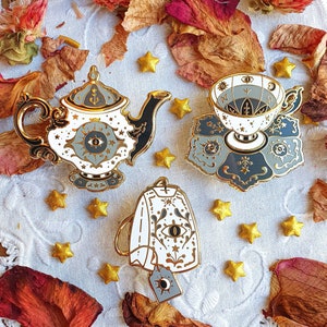 FORTUNE TELLING SET. Hard enamel pin. Witchy pin. All seeing eye enamel pin. Pin set. statement accessories. Brooch. Evil eye. Teapot. Tea.