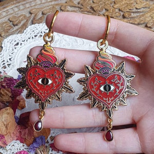 SACRED HEART EARRINGS. Statement earrings. Heart earrings. Witch accessories. hoops. All seeing eye. Gold finish. Hard enamel pin. witch.