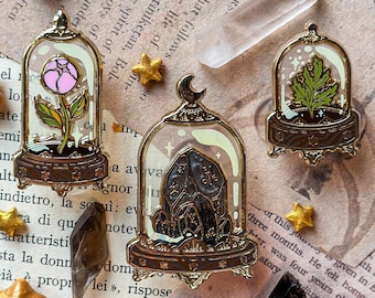 DOMED GLASS SPECIMENS enamel pins set. Hard enamel pin. witchy pin. Smoky quartz. Artemisia leaf. Peony flower. Cabinet of curiosities.