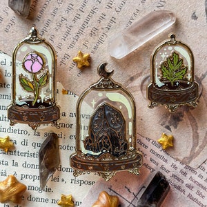 DOMED GLASS SPECIMENS enamel pins set. Hard enamel pin. witchy pin. Smoky quartz. Artemisia leaf. Peony flower. Cabinet of curiosities. The Whole Collection