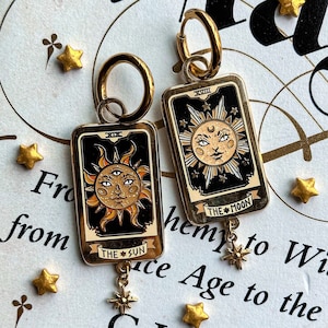 TAROT CARDS EARRINGS. enamel pin. Gold finish, hard enamel. Green witch pin. glitter. spooky vibes pins. witchy accessories. Dark Academia. image 1