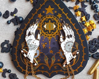 OBSIDIAN. Sun and moon Clairvoyant Hands Hard Enamel Witchy Statement Accessory Collar pins