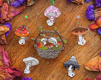 Mushroom basket.  hard enamel pin. Cottagecore pin. Mushrooms enamel pin. Glitter. statement accessories. Brooch. Fairy circle. Amanita.